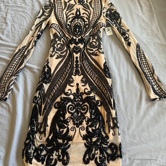 Main Strip Tan Long Sleeve Mock Neck Sheath Dress - Picture 1 of 9